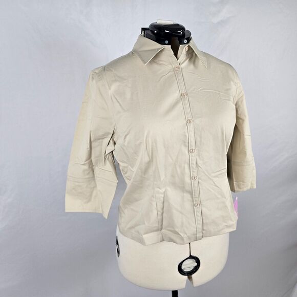 Classiques Entier Women's L Petite Beige Tan Button Down 3/4 Sleeve Collar NWT - Picture 12 of 16